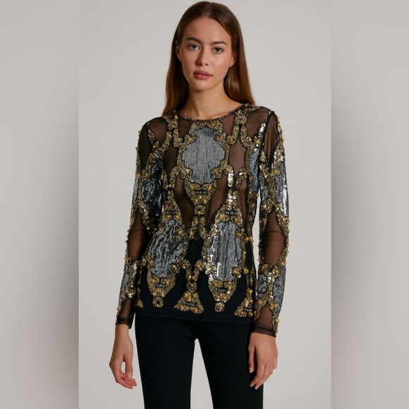 SONJA MORGAN Housewives Sheer Hand Beaded Embroidered Long Sleeve Top - Picture 1 of 6